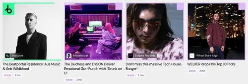 A row of four Beatport article cards: Seb Wildblood in a black-and-white portrait, two people in a purple-lit studio, a close-up of a person wearing sunglasses, and WELKER in front of city lights. Each card includes a title and 2-minute read time.