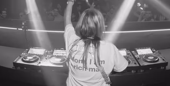 DJ performing in a club, seen from behind with one hand raised under stage lights.