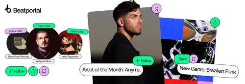 A promotional graphic for Beatportal featuring artist highlights and genre discovery. The center features "Artist of the Month: Anyma" with his portrait and a follow button. To the left are images of Vintage Culture and Indira Paganotto with follow prompts and the Black Book Records label. On the right, an abstract graphic introduces "New Genre: Brazilian Funk" with save and share icons. The Beatportal logo appears at the top.