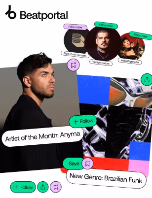 Beatportal promo featuring “Artist of the Month: Anyma” with a portrait and follow button. Above are circular portraits of Vintage Culture and Indira Paganotto, along with the Black Book Records logo, each with follow or label prompts. At the bottom, abstract artwork highlights the “New Genre: Brazilian Funk” section, with save and share icons. The Beatportal logo appears at the top.