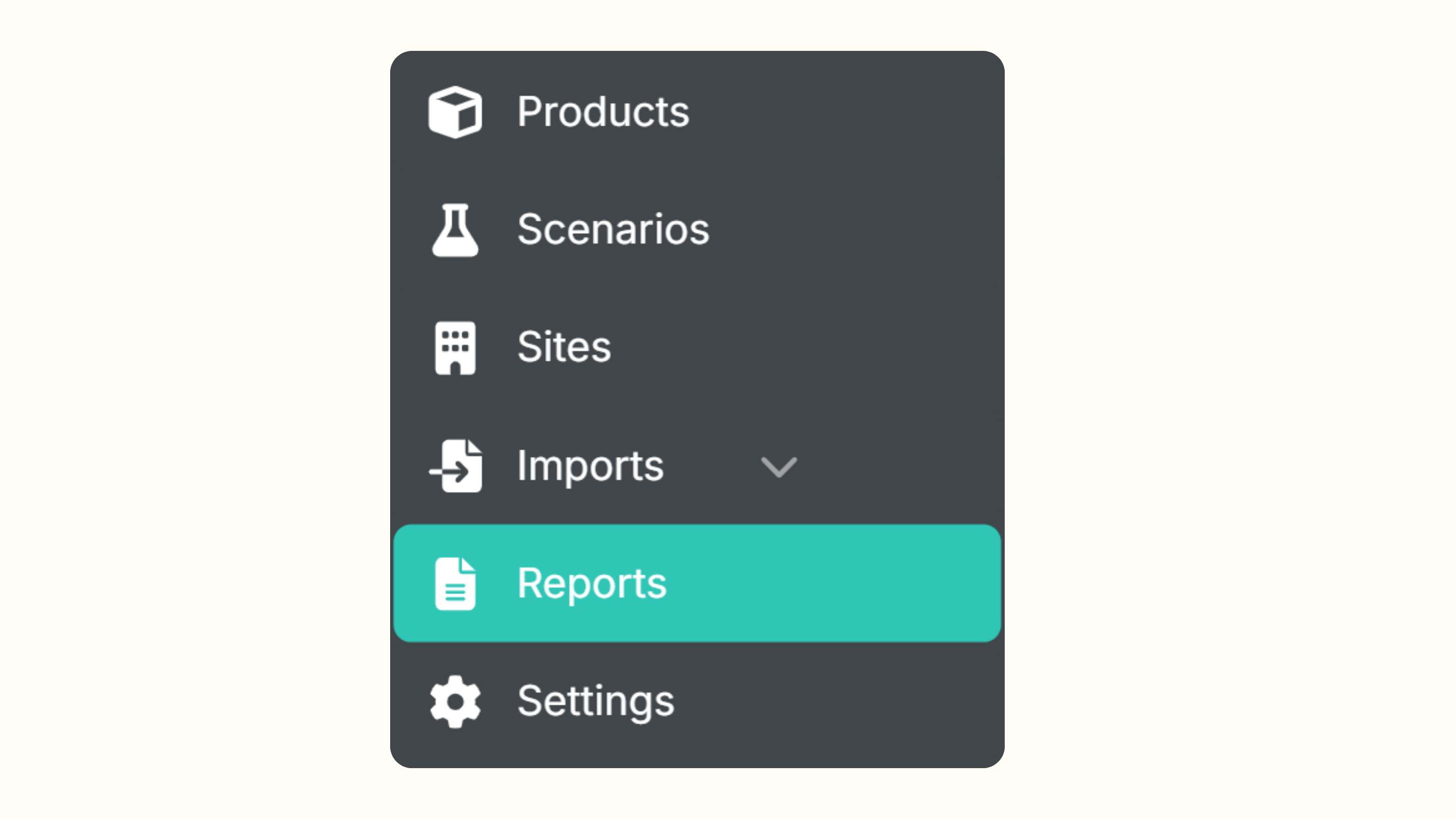 A vertical sidebar menu from the Pilario platform interface with a dark gray background. The menu items include Products, Scenarios, Sites, Imports, Reports (highlighted in teal), and Settings, each accompanied by a clean white icon.
