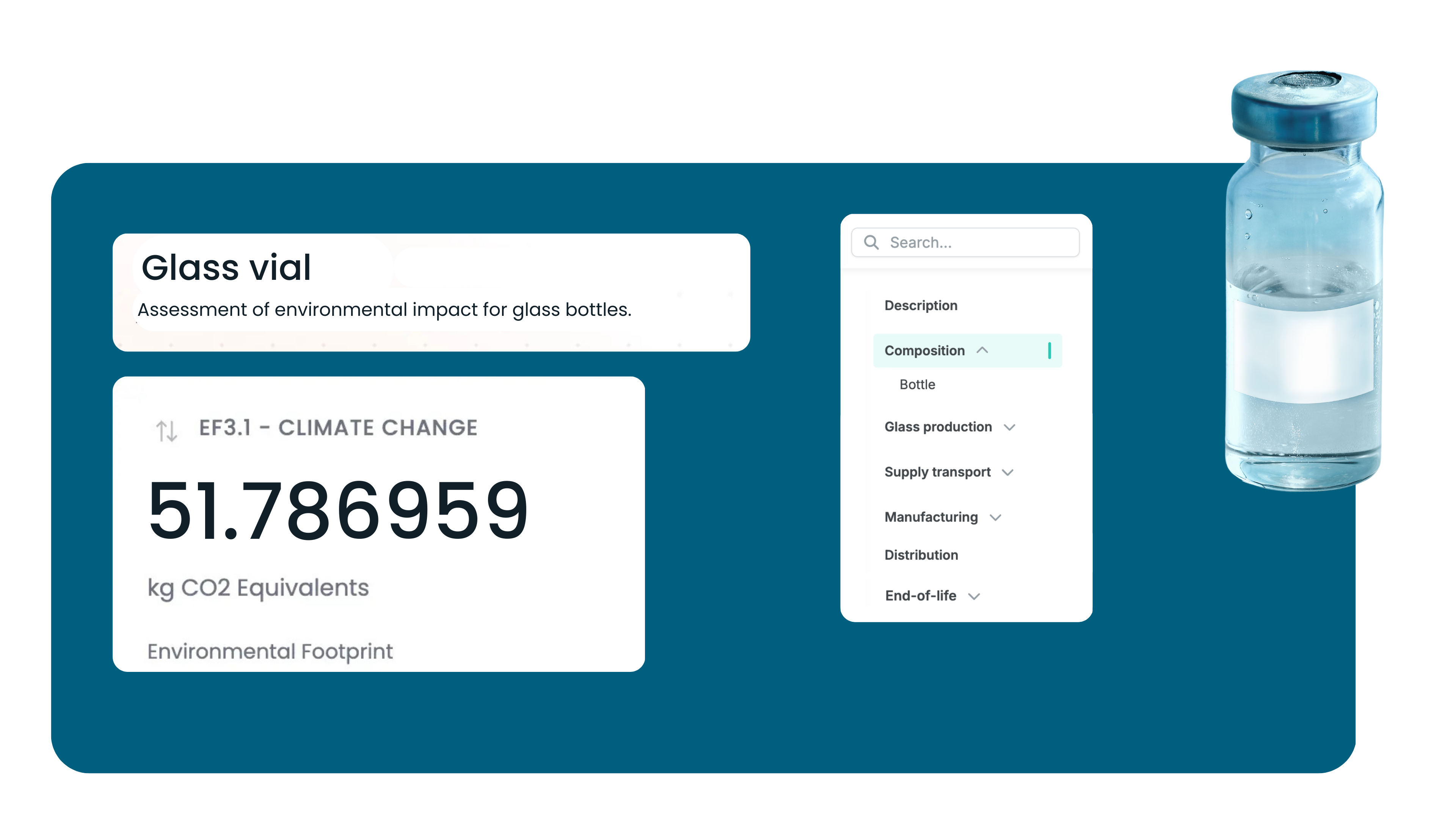 Pilario software showing the carbon footprint of a glass vial.