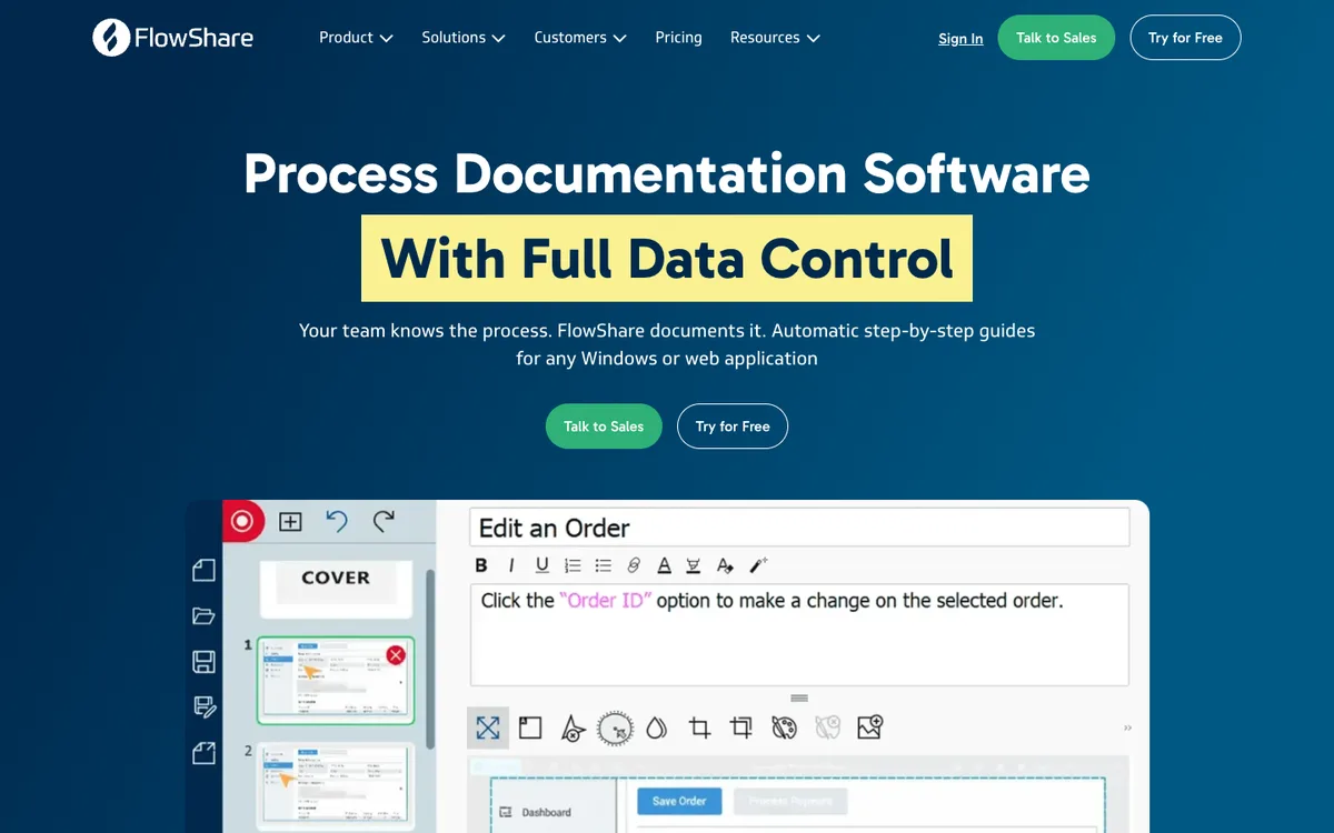 FlowShare website homepage: guides from desktop and SAP workflows (screenshot, October 2026)