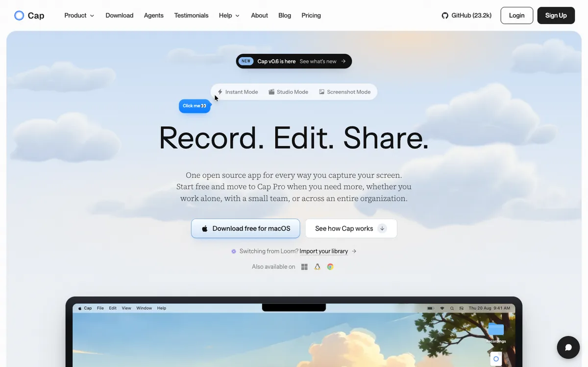 Cap website homepage: open source screen recorder with a Loom importer (screenshot, October 2026)
