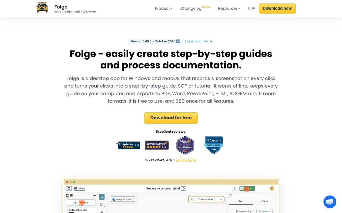 Folge website homepage: local desktop app for step-by-step guides (screenshot, October 2026)