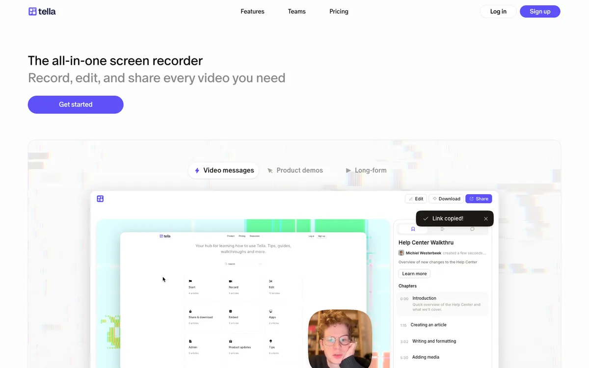 Tella website homepage: screen recorder with layouts and browser editing (screenshot, October 2026)