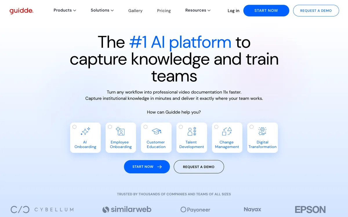 Guidde website homepage: how-to videos with an AI voice from browser workflows (screenshot, October 2026)