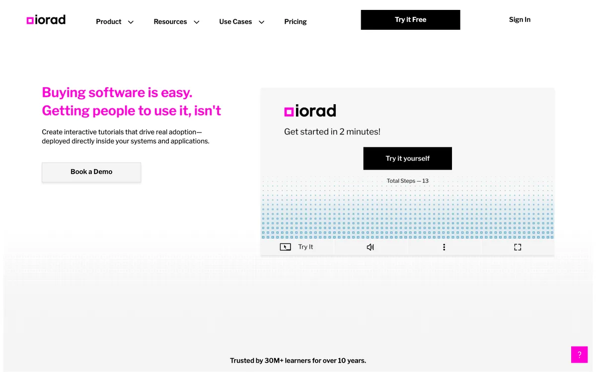 iorad website homepage: interactive click-along tutorials (screenshot, October 2026)
