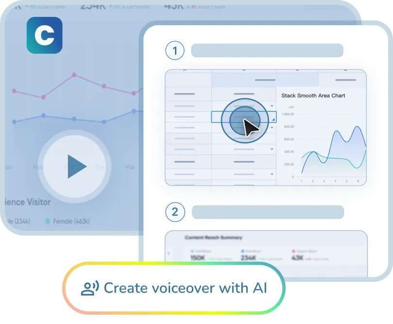 Clypp interface: a screen recording turned into a step-by-step guide with screenshots and a button to create an AI voice-over