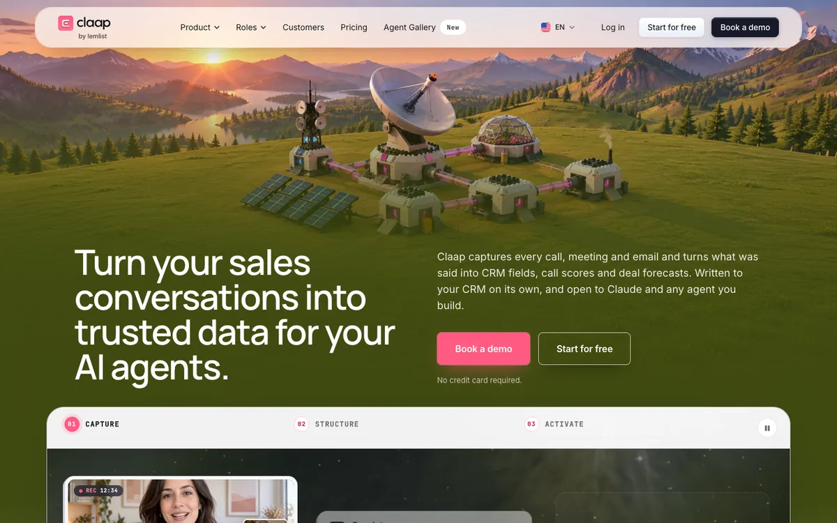 Claap website homepage: video and meeting recordings with AI summaries (screenshot, October 2026)