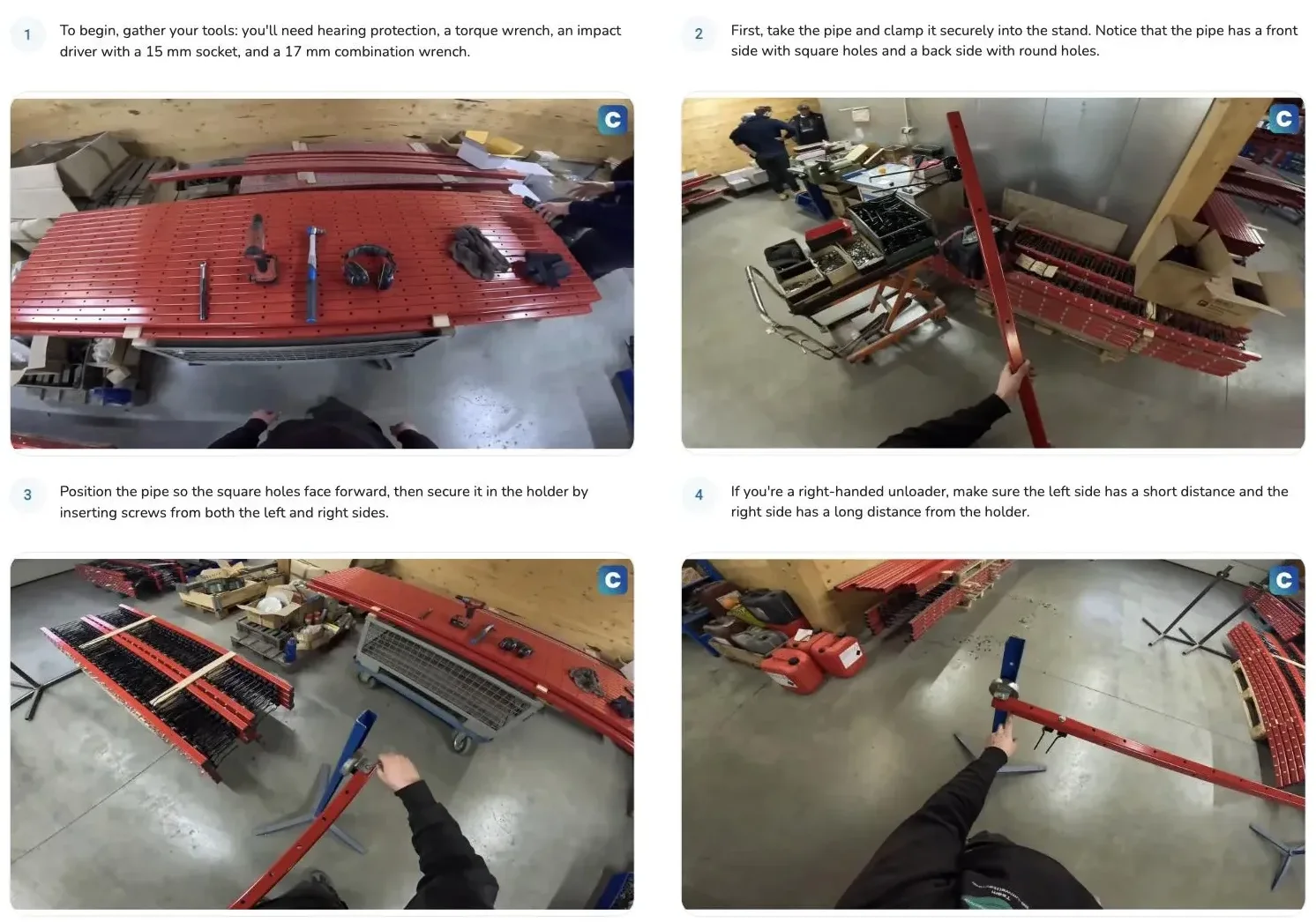 Clypp step-by-step guide generated from a phone recording at an assembly station: four steps, each with an image and an instruction