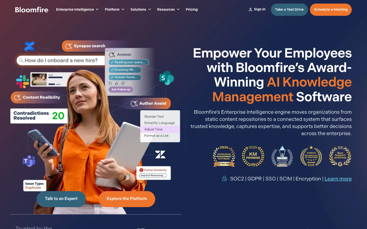 Bloomfire website homepage: enterprise knowledge management with AI search (screenshot, October 2026)