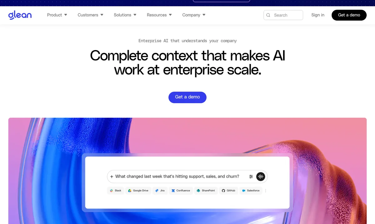 Glean website homepage: enterprise AI search across company tools (screenshot, October 2026)