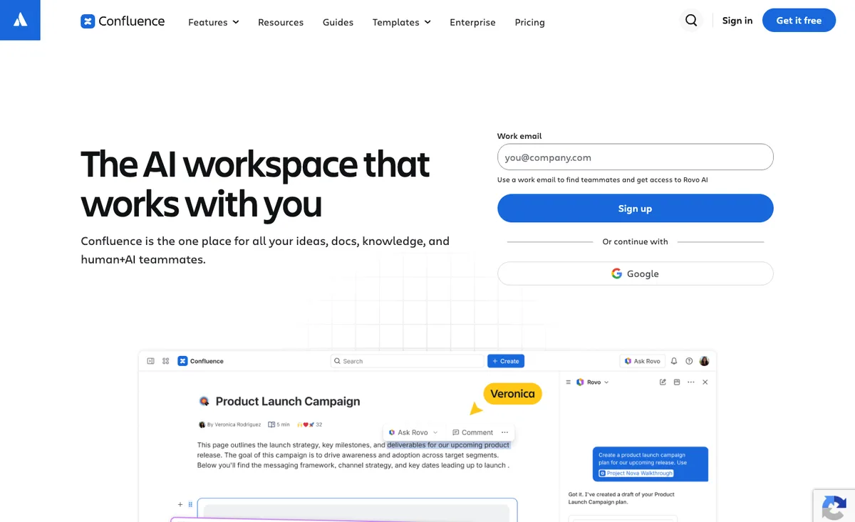 Confluence website homepage: team wiki with the Rovo AI layer (screenshot, October 2026)