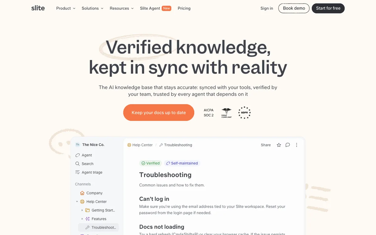 Slite website homepage: AI knowledge base kept in sync with other tools (screenshot, October 2026)