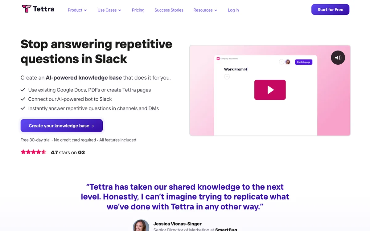Tettra website homepage: knowledge base that answers questions in Slack (screenshot, October 2026)