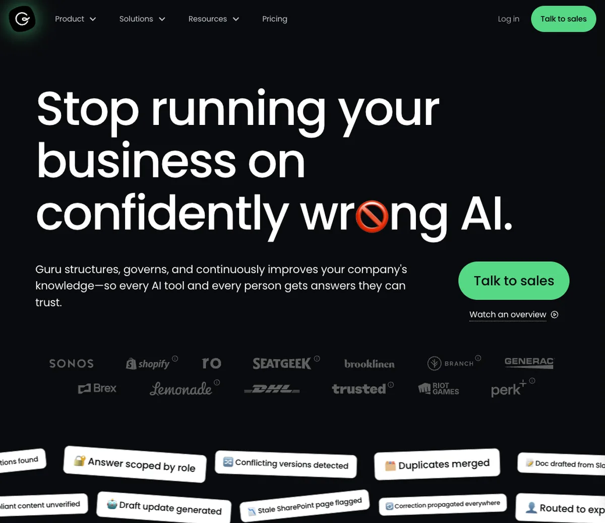 Guru website homepage: verified company knowledge for people and AI (screenshot, October 2026)
