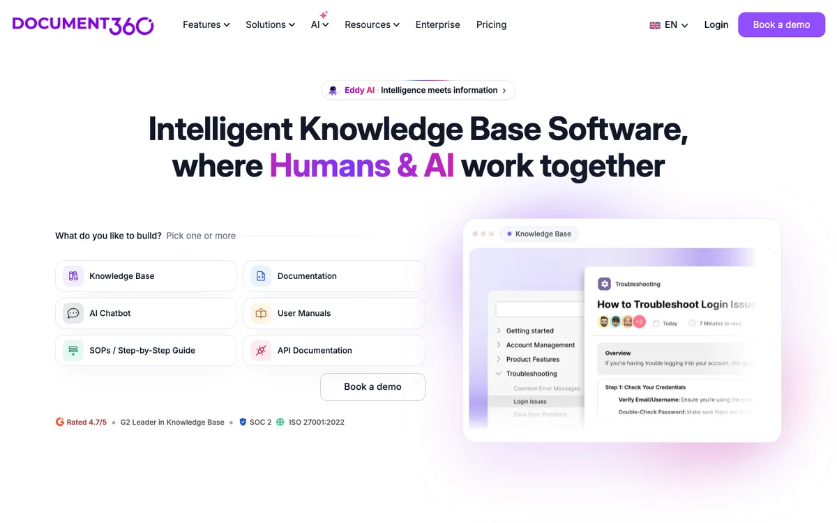 Document360 website homepage: knowledge base software for docs and help centers (screenshot, October 2026)