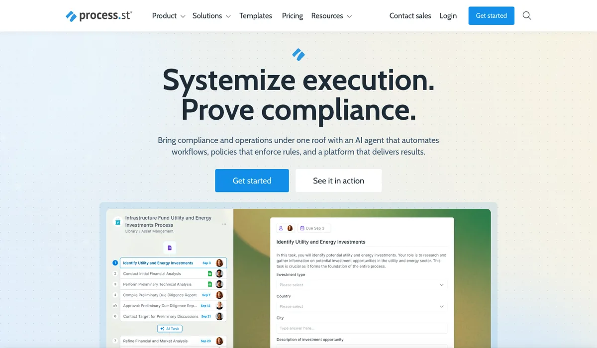 Process Street website homepage: workflows and compliance checklists (screenshot, October 2026)