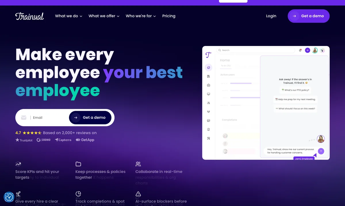 Trainual website homepage: playbook and training platform (screenshot, October 2026)