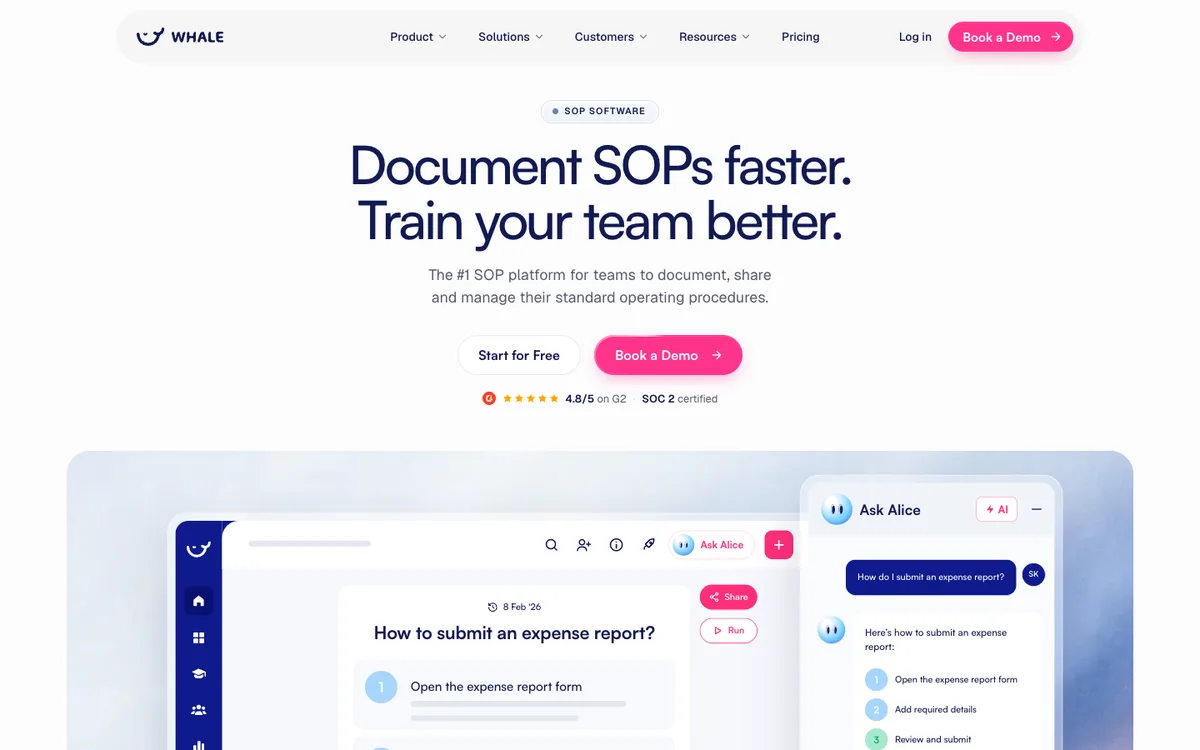Whale website homepage: SOP hub with an AI assistant (screenshot, October 2026)