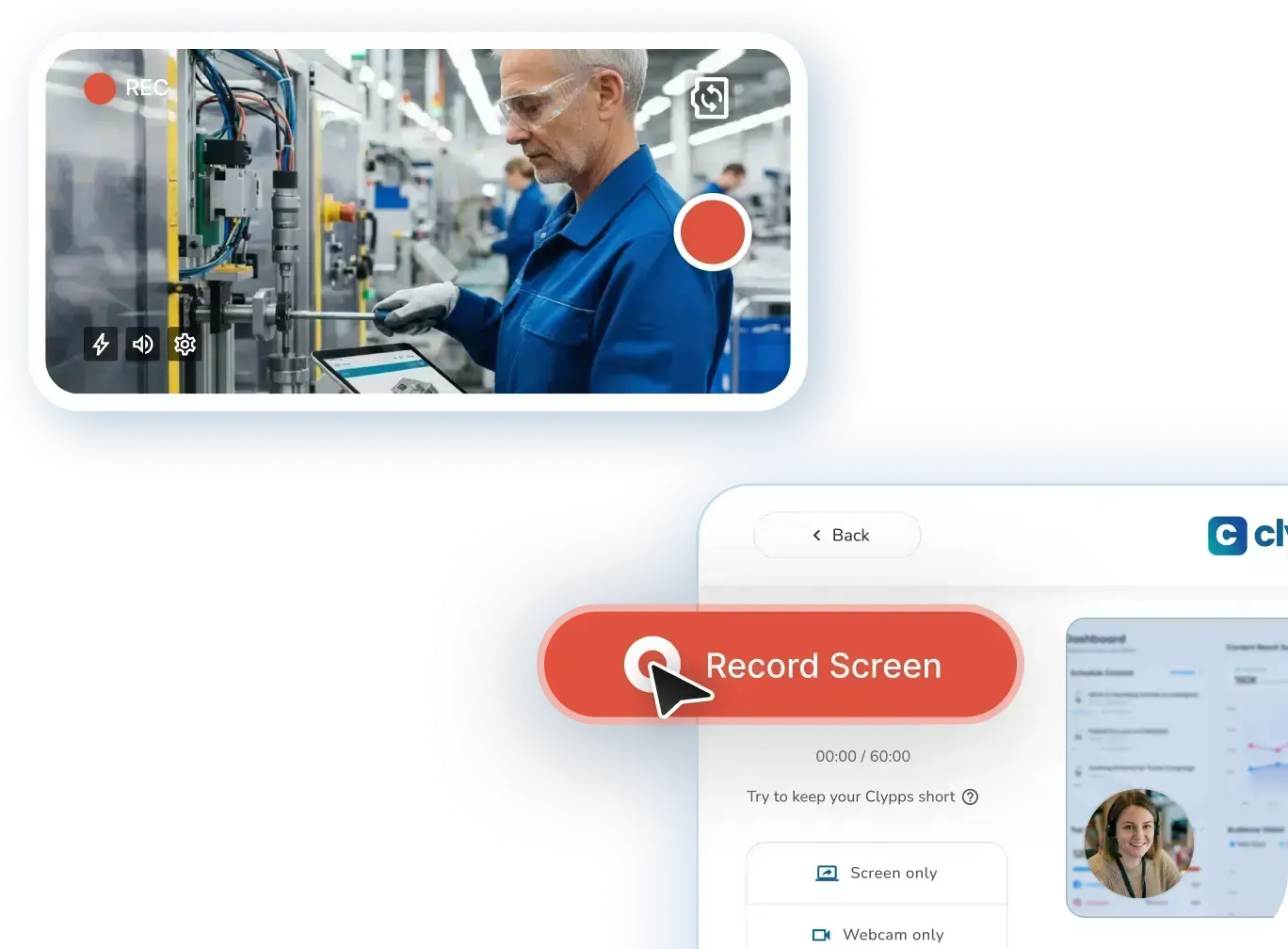Clypp recording interface: a technician with safety glasses is filmed at a machine, with the record button in the Clypp app