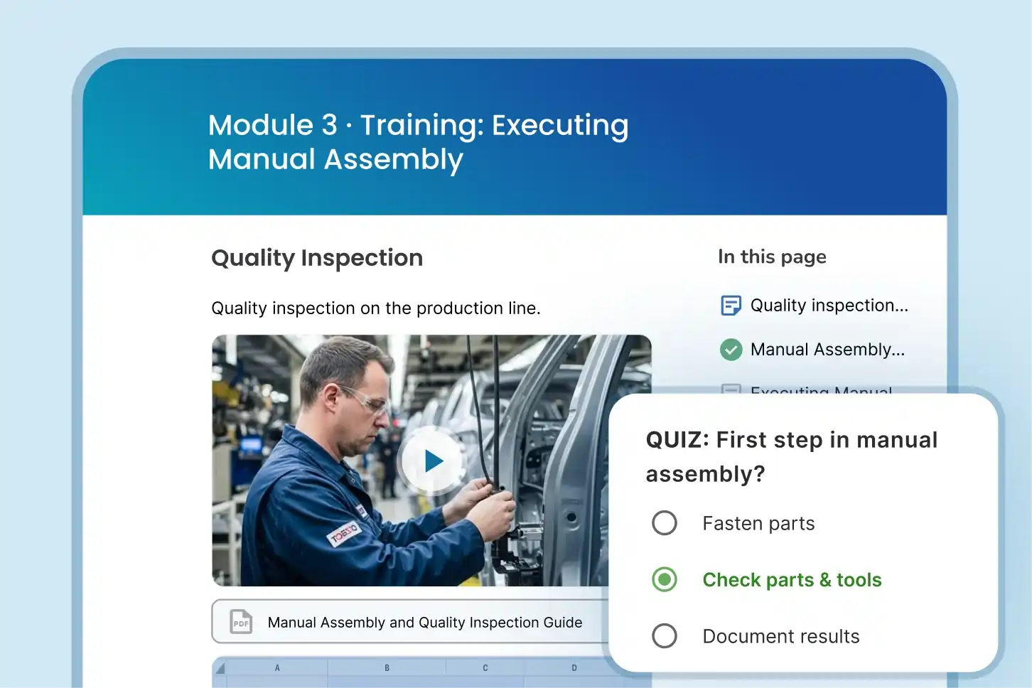 Clypp training page "Executing Manual Assembly" with a quality inspection video and an AI-generated quiz question
