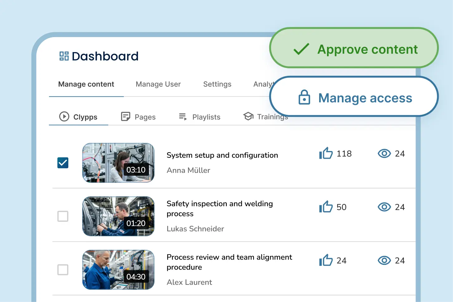 Clypp dashboard with "Approve content" and "Manage access" for work instructions