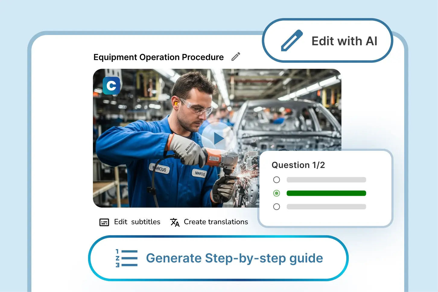 Clypp editor for an equipment operation procedure with "Edit with AI" and "Generate Step-by-step guide"
