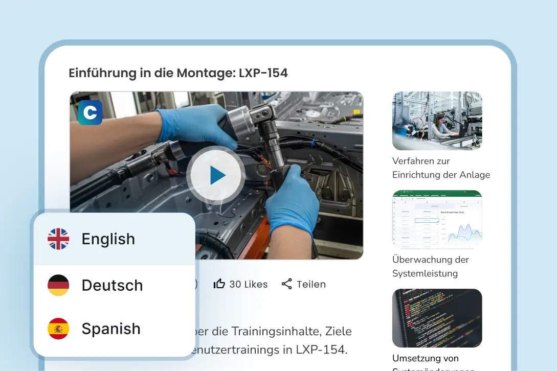 Clypp-Ansicht eines Montagevideos mit Sprachauswahl Englisch, Deutsch und Spanisch