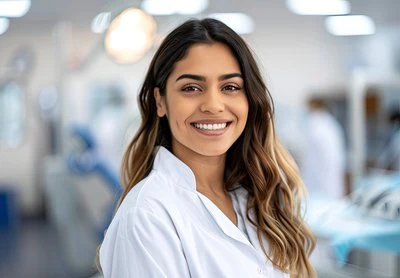 Smiling female healthcare professional in white coat in a medical setting.
