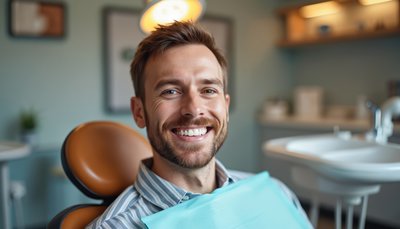 Smiling man sitting in a dental chair wearing a dental bib in a dental clinic.