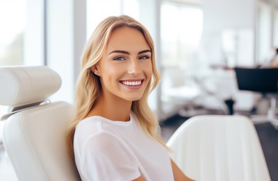 Smiling blonde woman with long hair sitting on a white chair in a bright modern office.