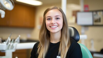 Smiling young woman seated in a dental office chair with dental equipment in the background.