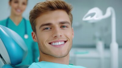 Smiling young man sitting in a dental chair with a female dentist in the background.