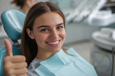 Smiling woman sitting in a dental chair giving a thumbs up.