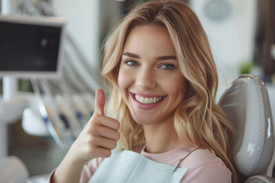 Smiling young woman in a dental chair giving a thumbs-up.