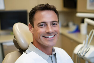 Smiling man sitting in a dental chair in a dental office.