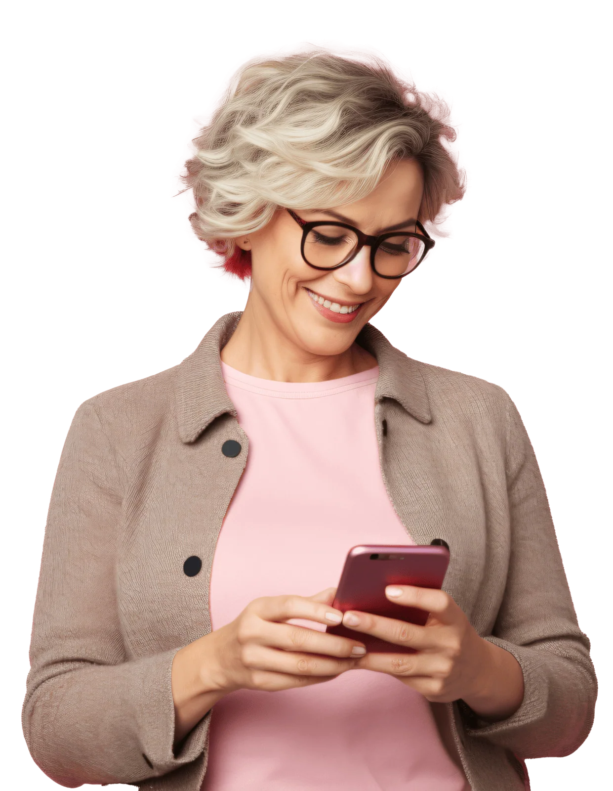 Smiling middle-aged woman with short blonde hair and glasses looking at her smartphone.
