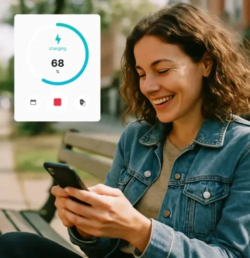 Woman checking EV charging status on phone at 68%.