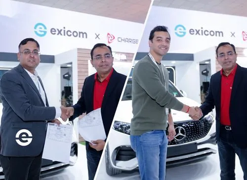 Exicom and Charge+Zone representatives shaking hands and signing documents in front of electric vehicle at an event booth
