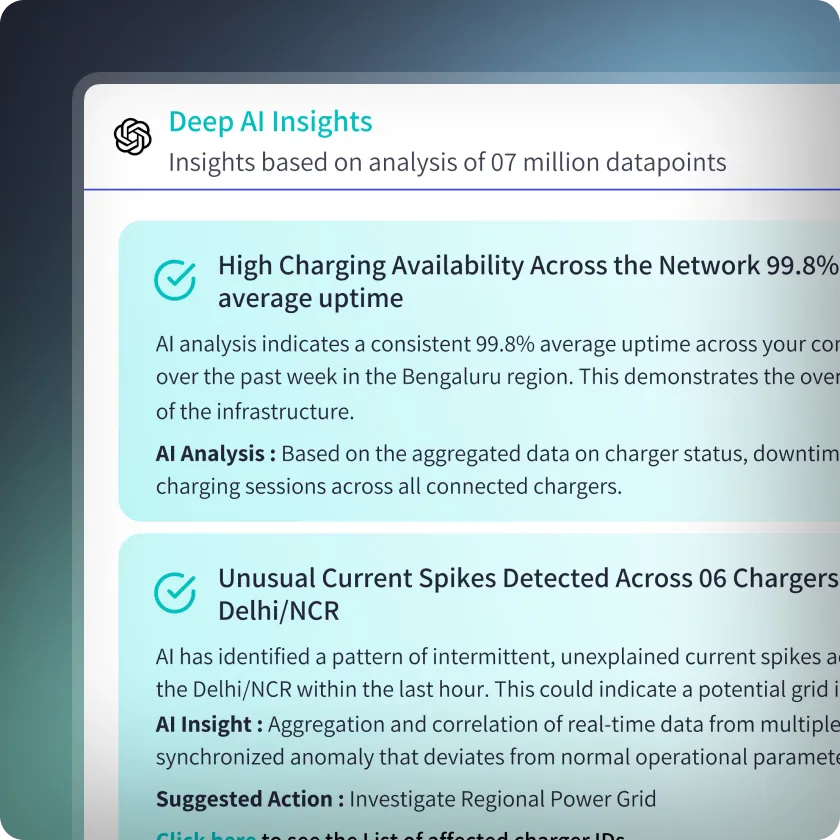 AI-generated charger insights showing uptime and anomaly detection