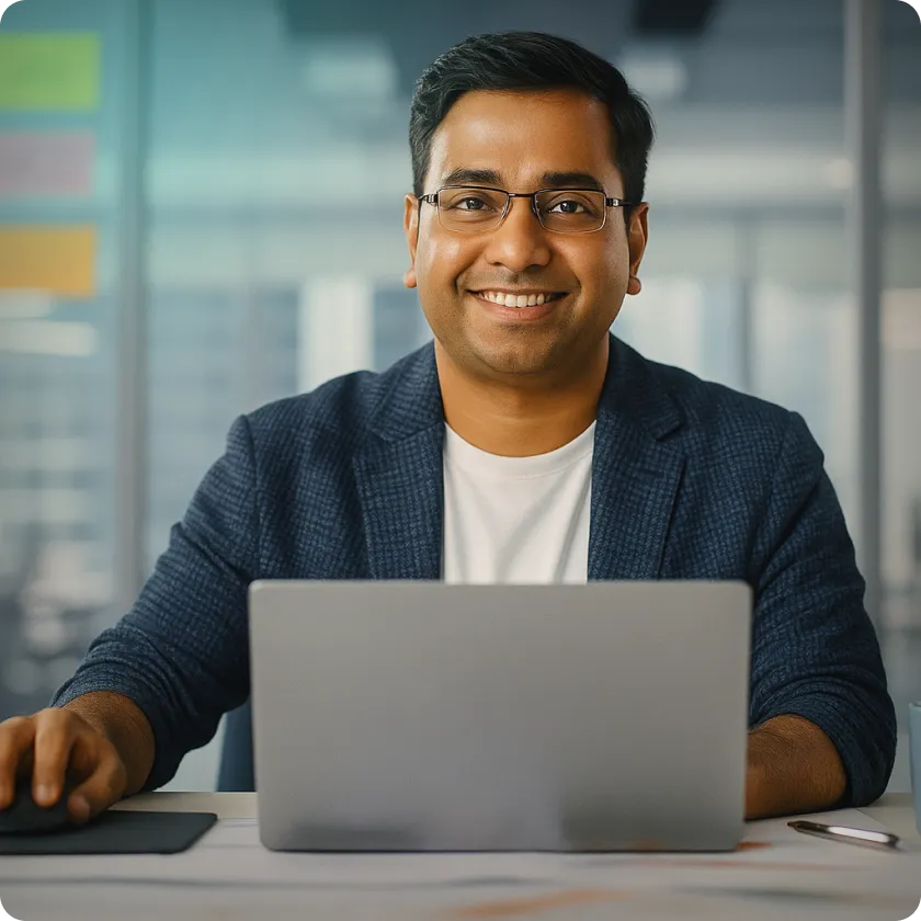 Smiling professional working on laptop in modern office