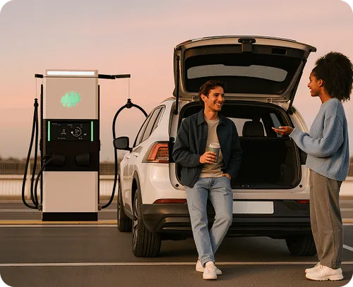 A man and a woman having a conversation behind a car while it is charging 