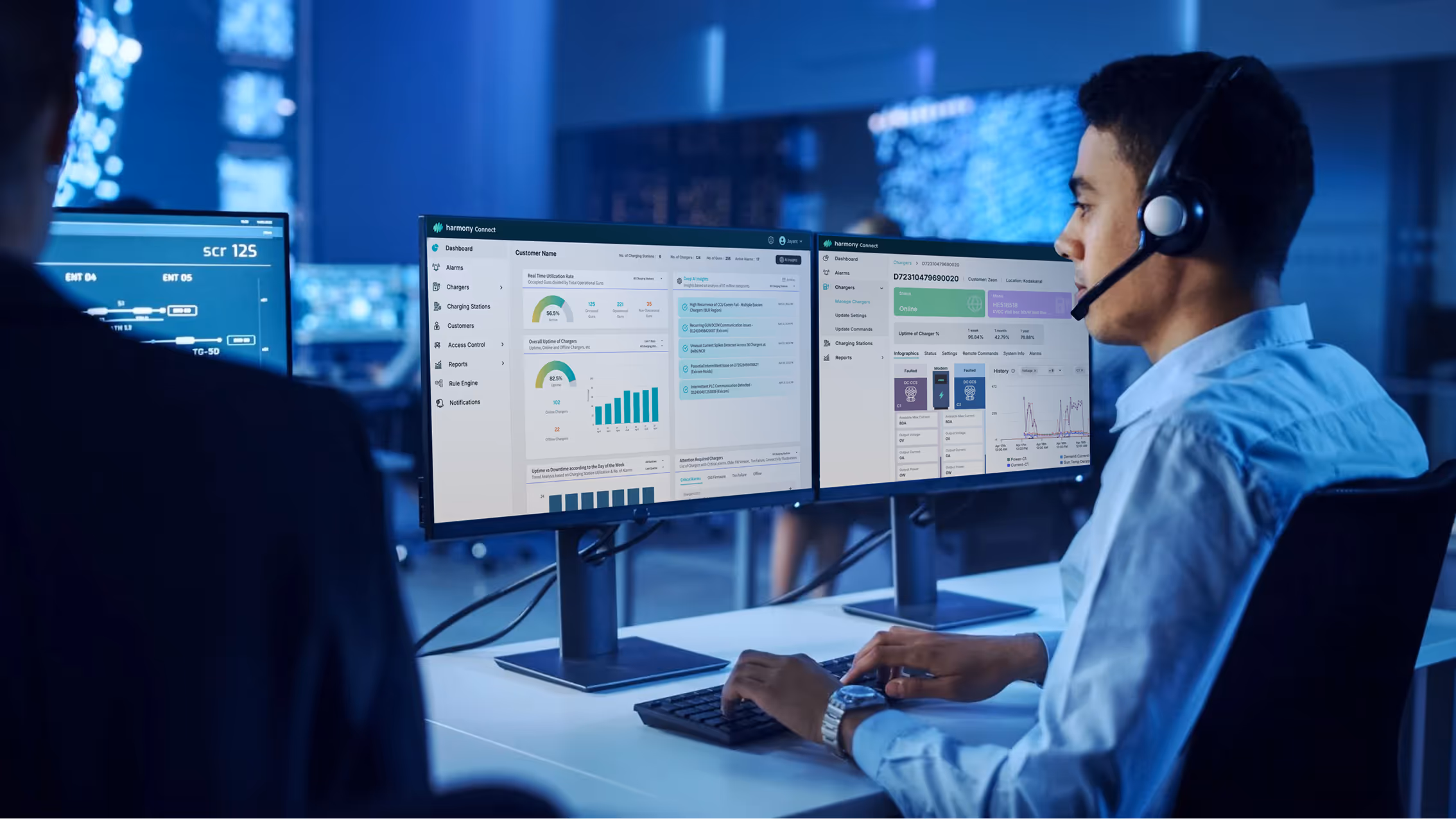 A person in a control center looking at Harmony Control Screens