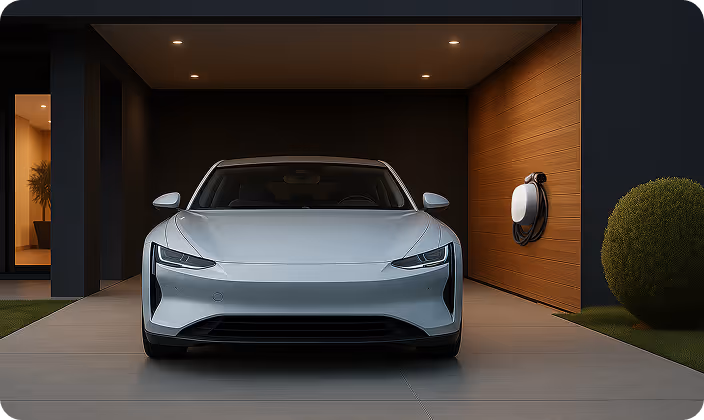 Electric car parked in modern home garage with wall charger.