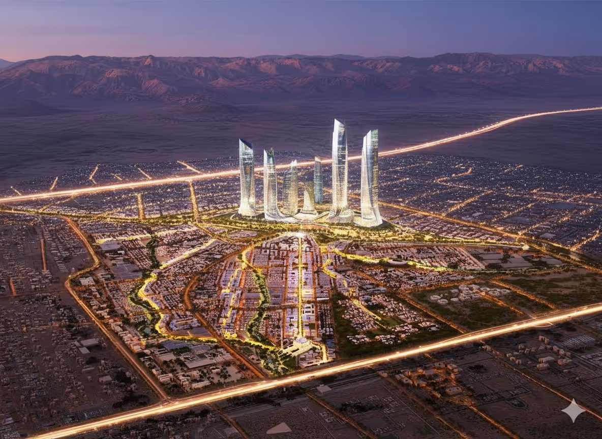 Aerial view of futuristic sustainable cityscape at dusk.