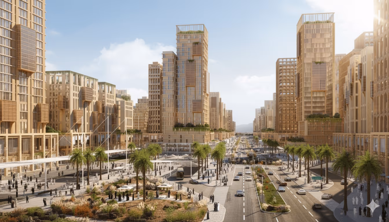 Modern sustainable cityscape with palm-lined boulevard.