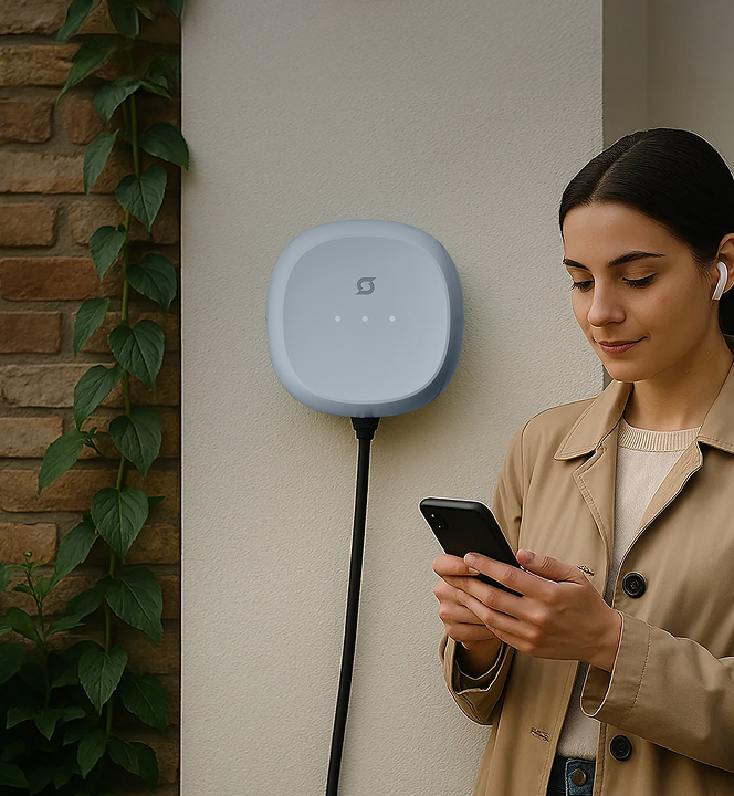 Woman using smartphone beside wall-mounted EV charger.