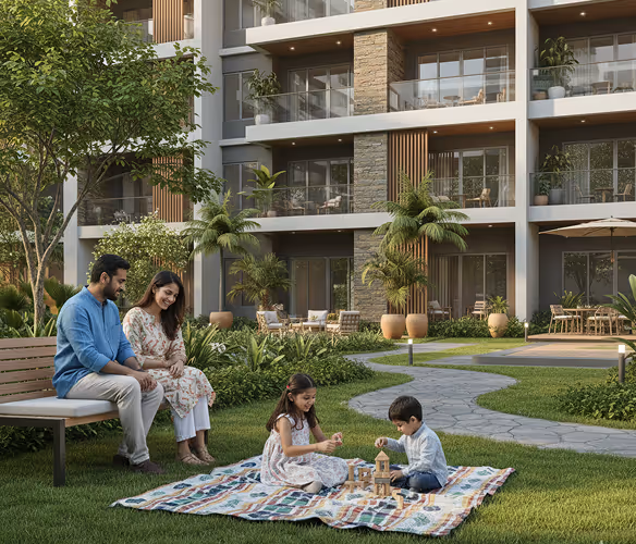 Family enjoying picnic in residential garden.
